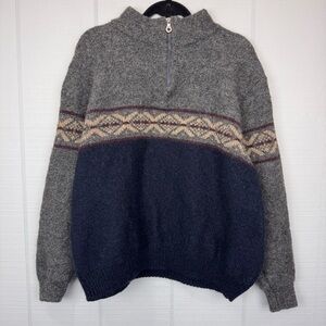 Vintage Lands’ End Men’s Gray Blue Fair Isle Print Wool Quarter Zip Sweater L